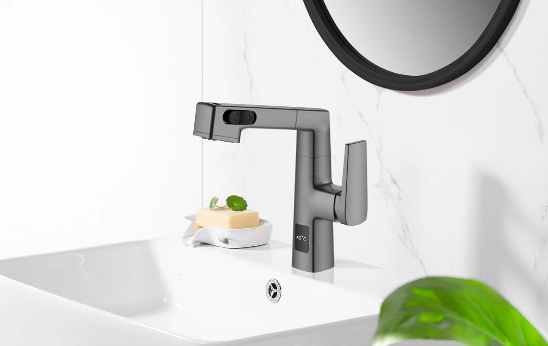 Grifo de baño negro de altura ajustable con pantalla de temperatura de último diseño extraíble
