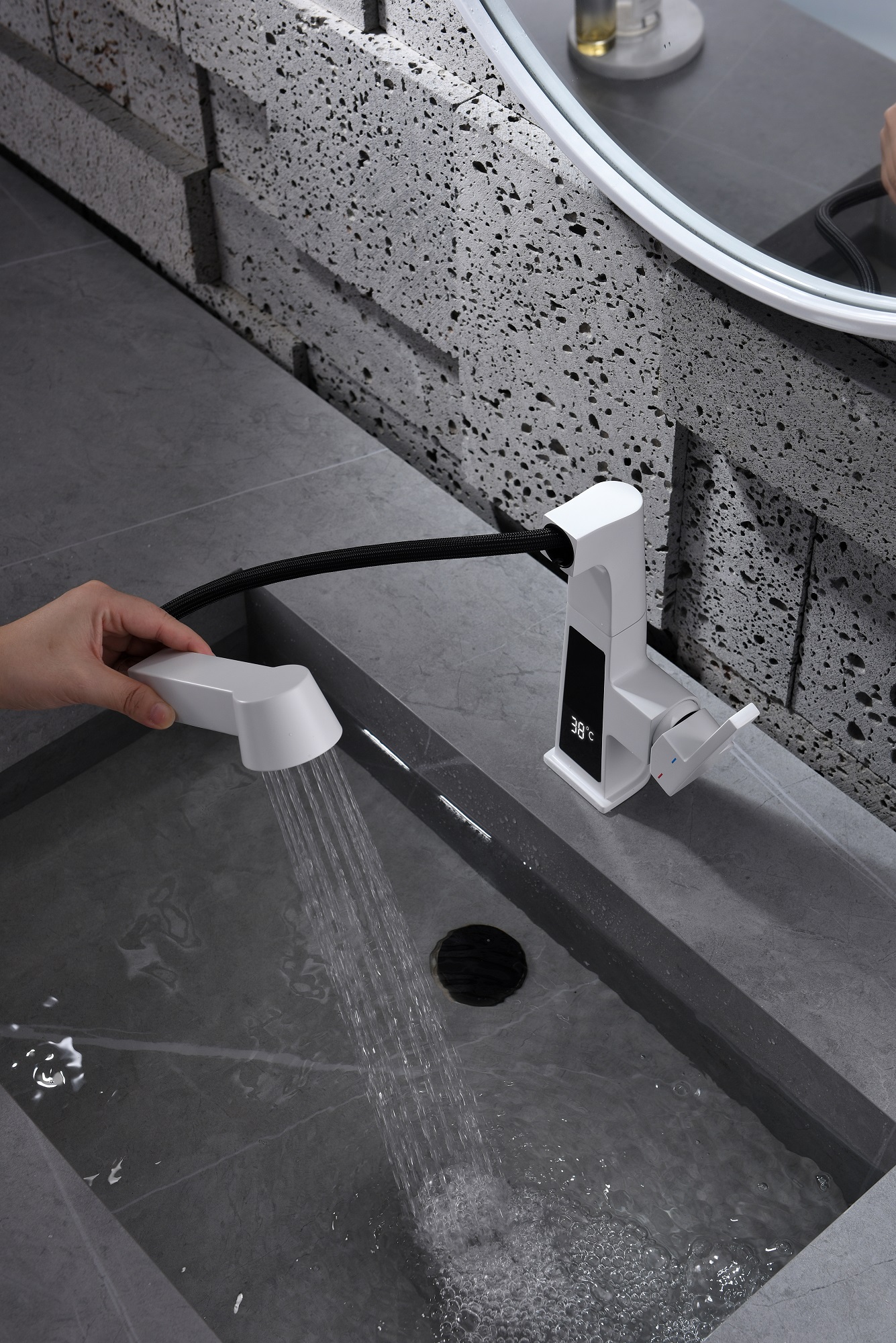 Grifo cuadrado blanco para lavabo, grifo de baño extraíble con pantalla de temperatura