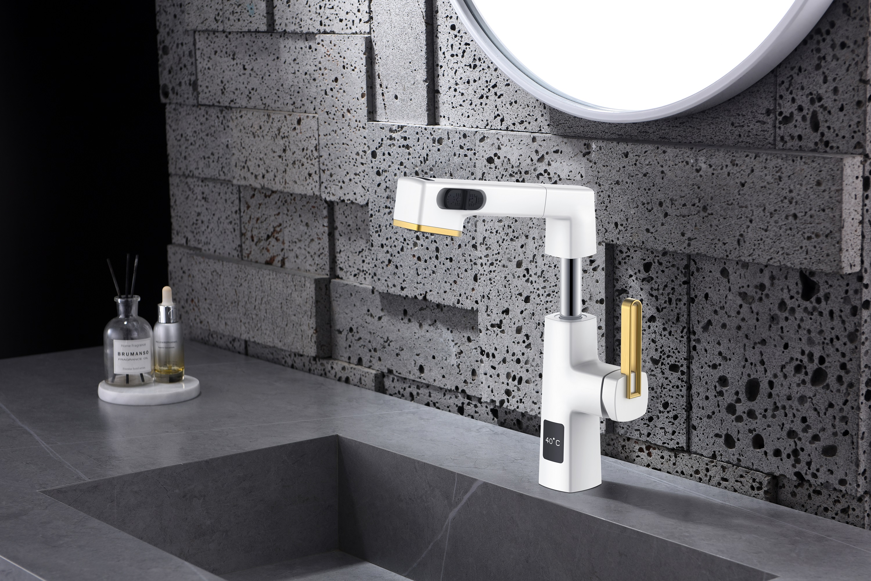  Grifo de baño extraíble de acero inoxidable negro de diseño único con pantalla de temperatura altura ajustable